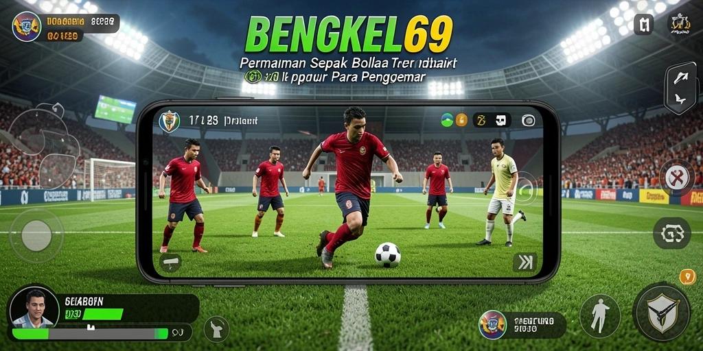 Screenshot BENGKEL69 menampilkan aksi seru di lapangan sepak bola.