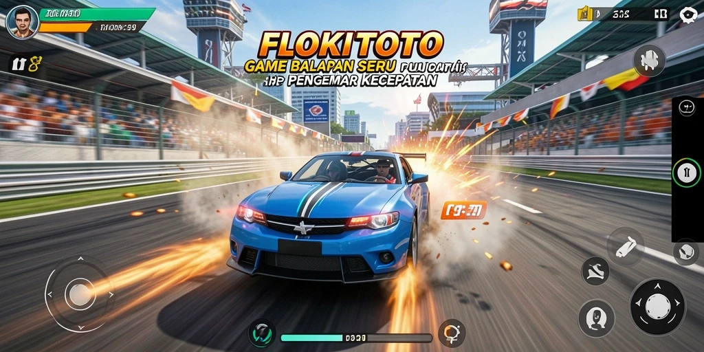 Screenshot gameplay FLOKITOTO menampilkan aksi balapan yang mendebarkan.