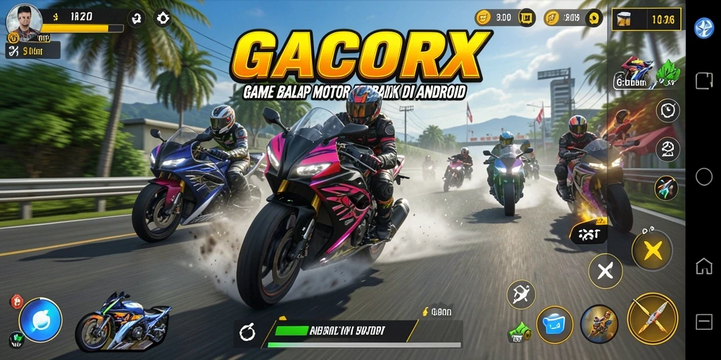 Tampilan gameplay GACORX yang mendebarkan dan penuh aksi balap motor.
