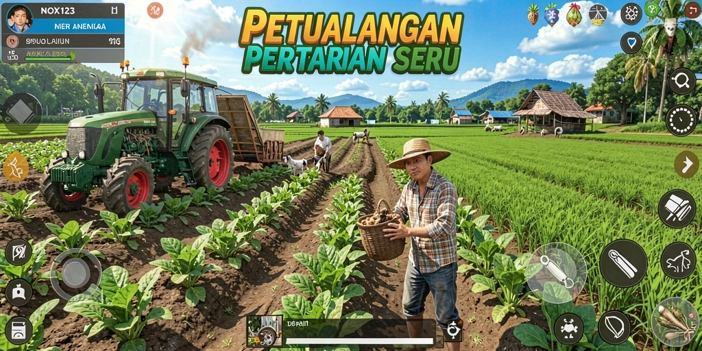 Screenshot gameplay NOX123 menampilkan aktivitas bertani yang seru.