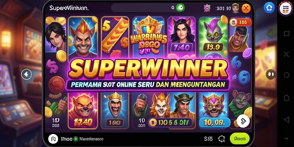 Screenshot gameplay <strong>SUPERWINNER</strong> menampilkan mesin slot yang menarik dan penuh warna.